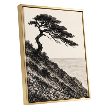 Pine Above the Tide, black, beige, gray nature wall art shown as a gold framed canvas wall art