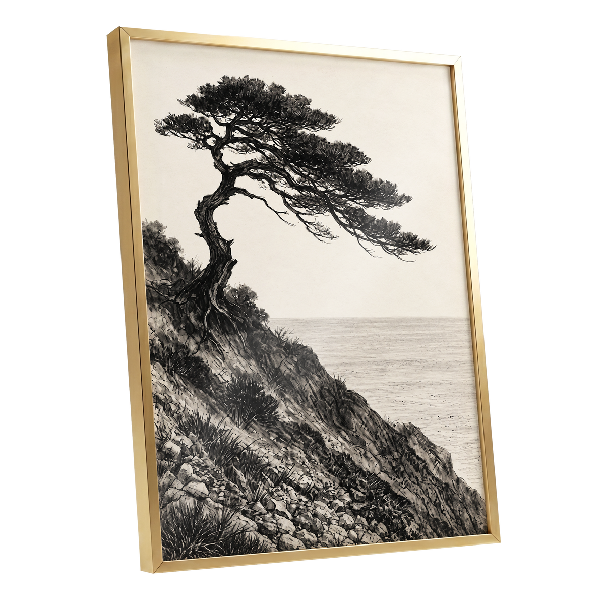 Pine Above the Tide, black, beige, gray nature wall art shown as a gold framed poster wall art print
