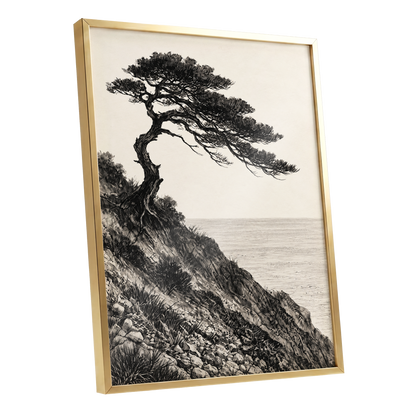 Pine Above the Tide, black, beige, gray nature wall art shown as a gold framed poster wall art print