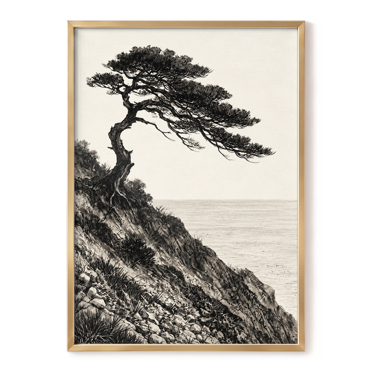 Pine Above the Tide, black, beige, gray nature wall art, front artwork view