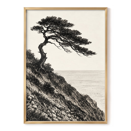 Pine Above the Tide, black, beige, gray nature wall art, front artwork view
