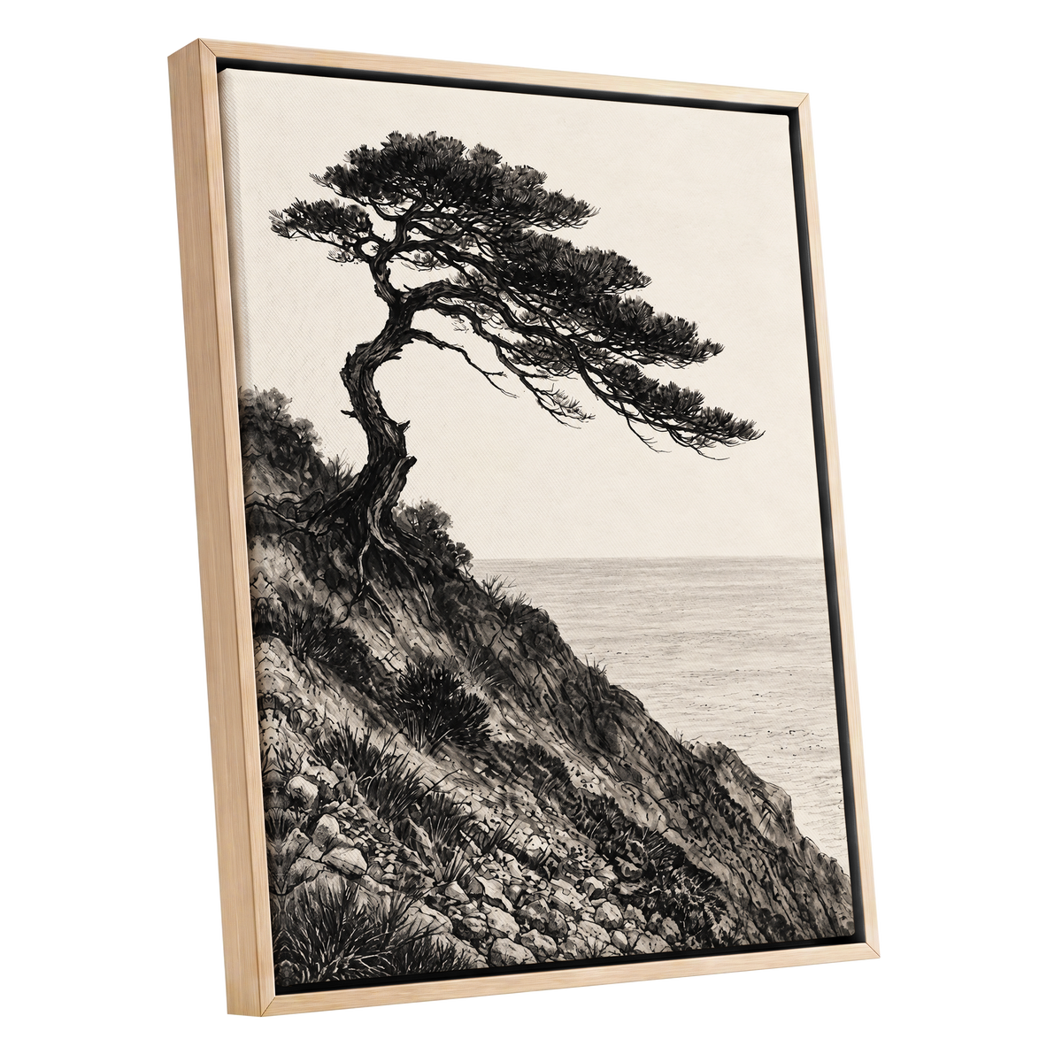 Pine Above the Tide, black, beige, gray nature wall art shown as a oak framed canvas wall art