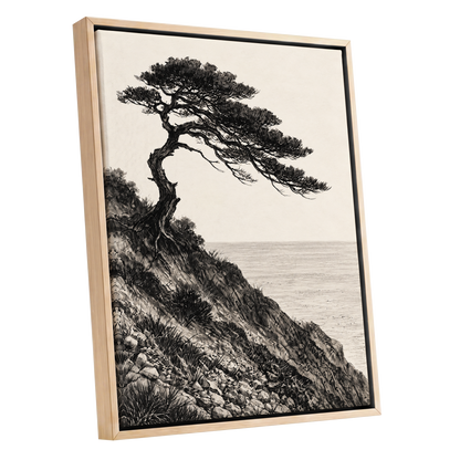 Pine Above the Tide, black, beige, gray nature wall art shown as a oak framed canvas wall art