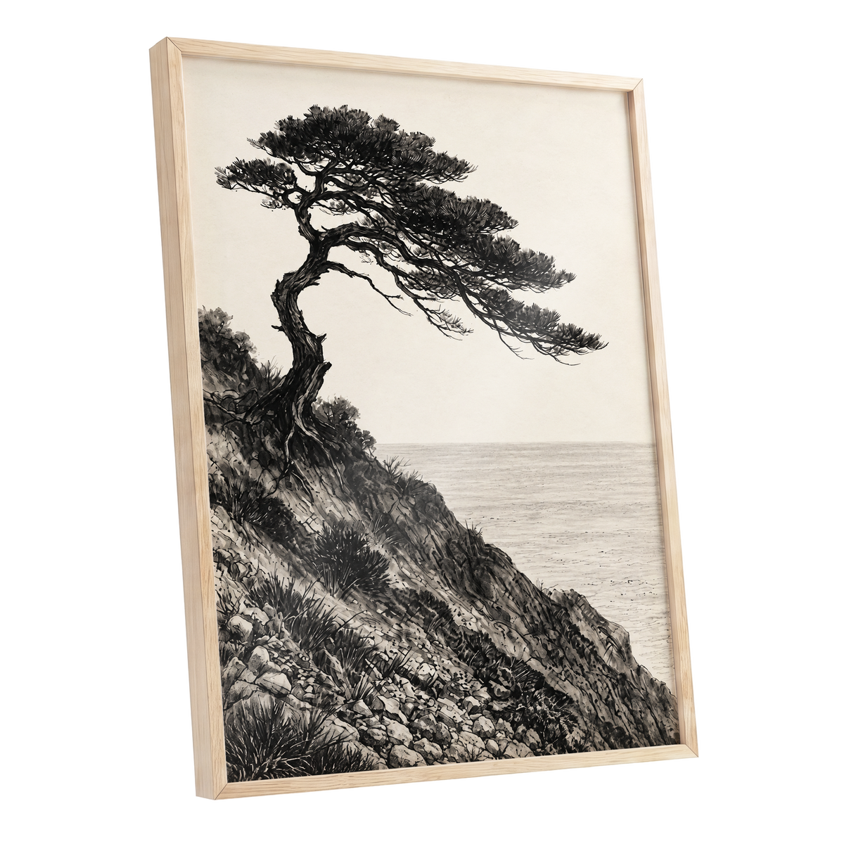 Pine Above the Tide, black, beige, gray nature wall art shown as a oak framed poster wall art print