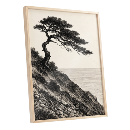 Pine Above the Tide, black, beige, gray nature wall art shown as a oak framed poster wall art print