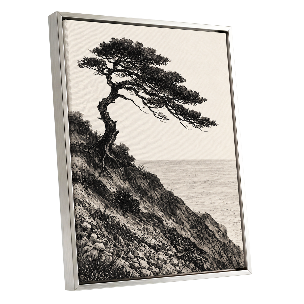 Pine Above the Tide, black, beige, gray nature wall art shown as a silver framed canvas wall art