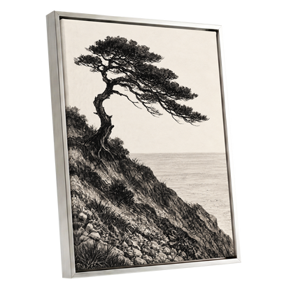 Pine Above the Tide, black, beige, gray nature wall art shown as a silver framed canvas wall art
