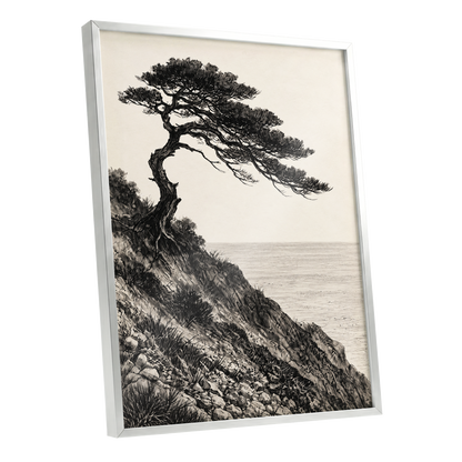 Pine Above the Tide, black, beige, gray nature wall art shown as a silver framed poster wall art print