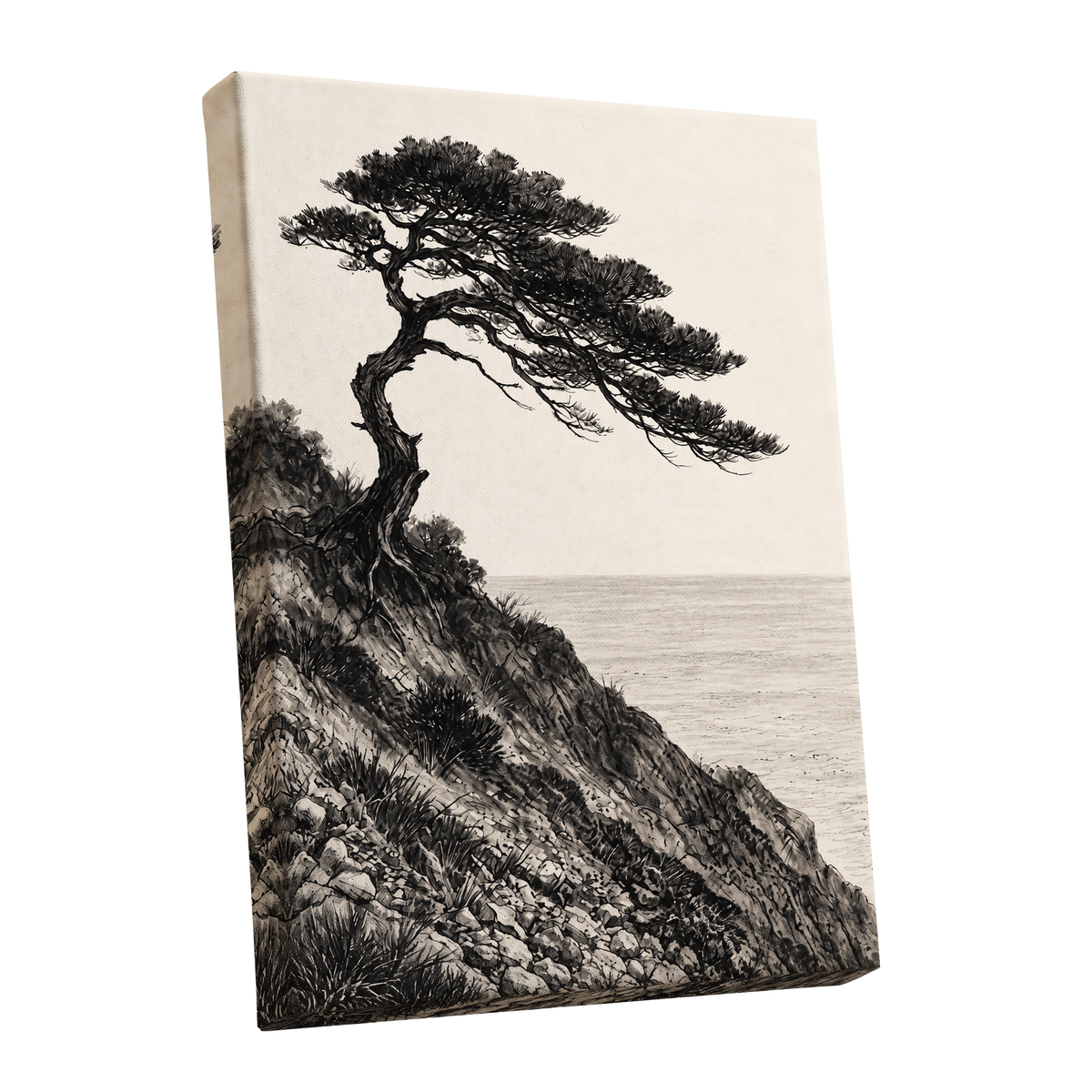 Pine Above the Tide, black, beige, gray nature wall art shown as a stretched canvas wall art