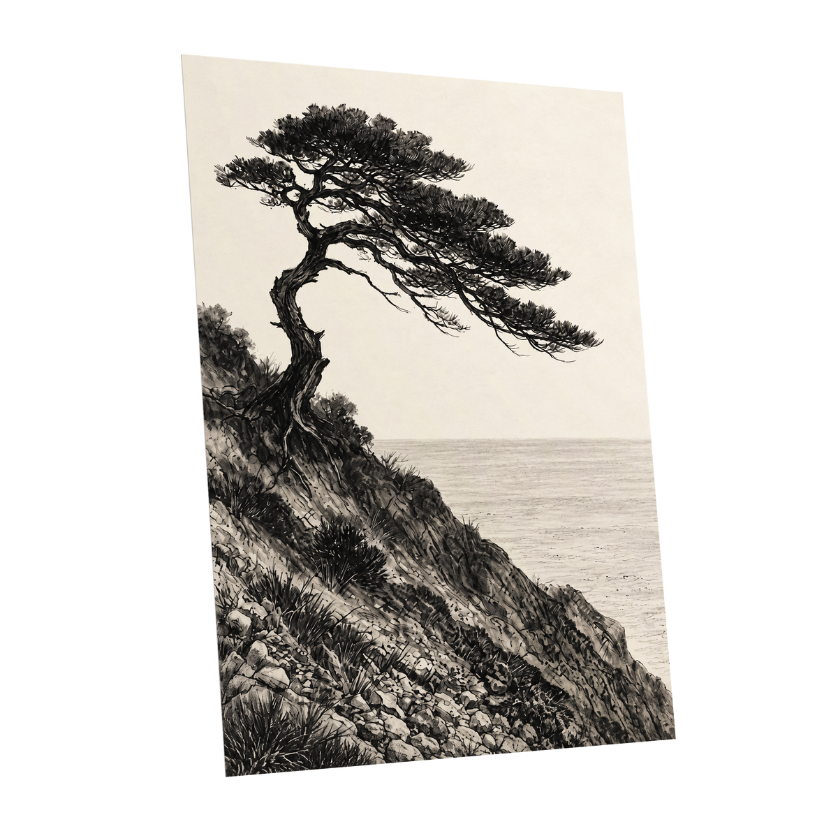 Pine Above the Tide, black, beige, gray nature wall art shown as a unframed poster wall art print