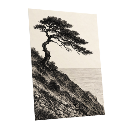 Pine Above the Tide, black, beige, gray nature wall art shown as a unframed poster wall art print