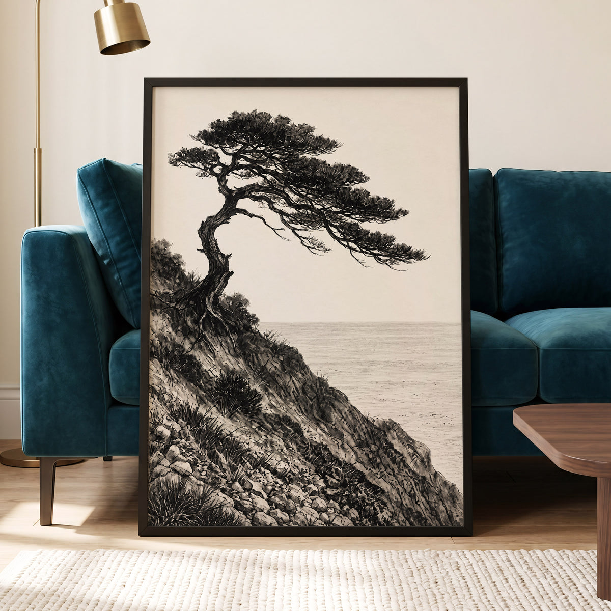 Pine Above the Tide, black, beige, gray nature wall art displayed in a styled interior, gallery view 2