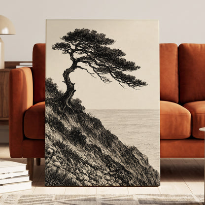 Pine Above the Tide, black, beige, gray nature wall art displayed in a styled interior, gallery view 3
