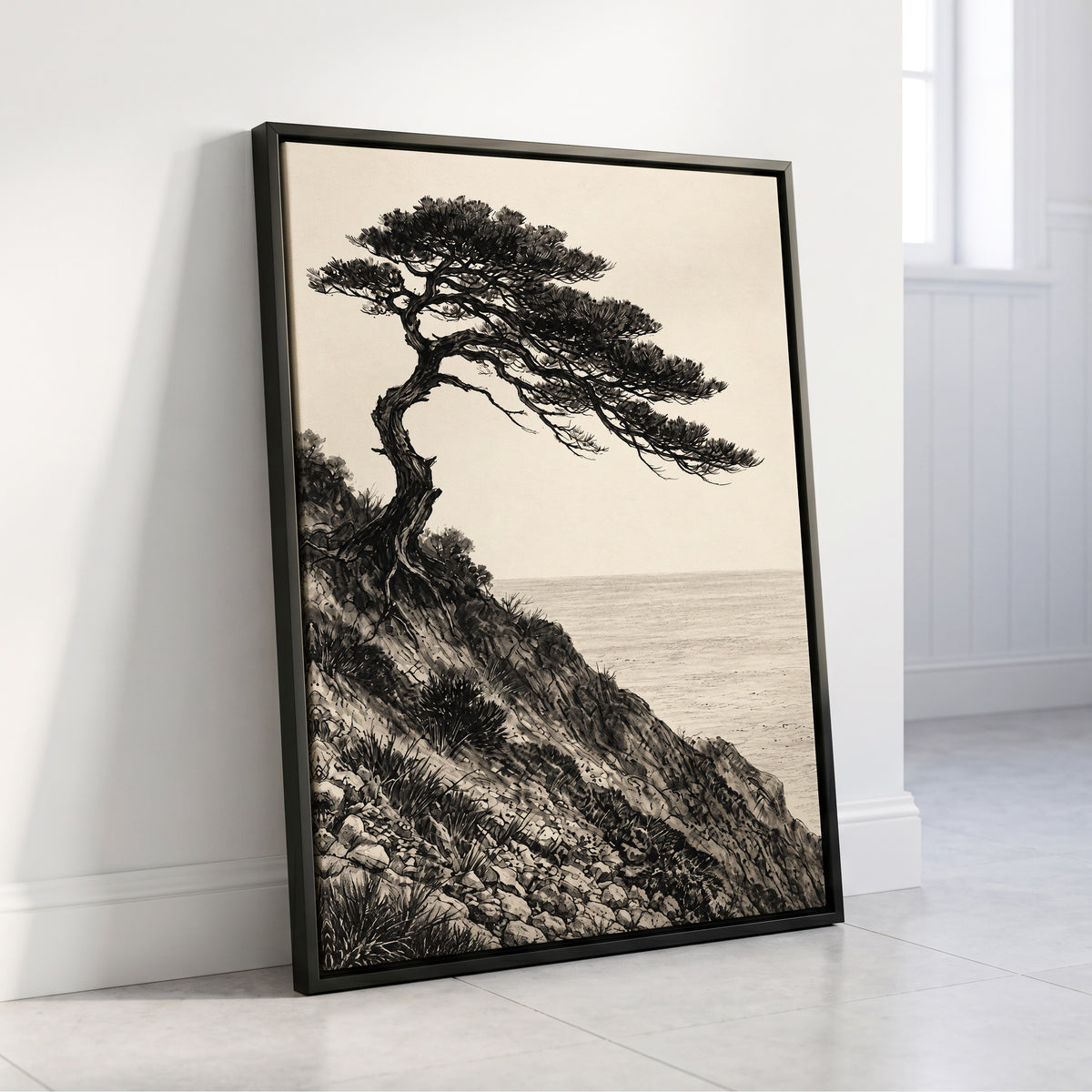 Pine Above the Tide, black, beige, gray nature wall art displayed in a styled interior, gallery view 4