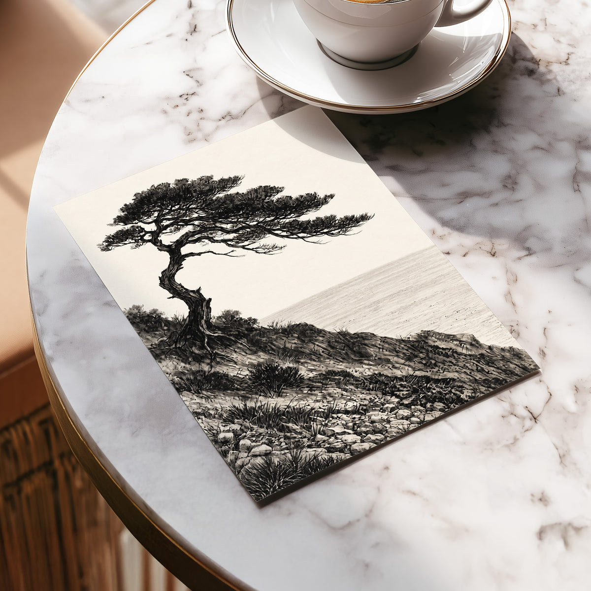 Pine Above the Tide, black, beige, gray nature wall art displayed in a styled interior, gallery view 5