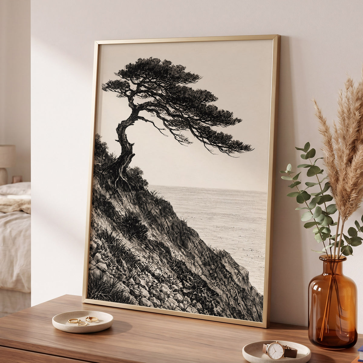 Pine Above the Tide, black, beige, gray nature wall art displayed in a styled interior, gallery view 6