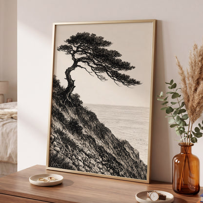 Pine Above the Tide, black, beige, gray nature wall art displayed in a styled interior, gallery view 6