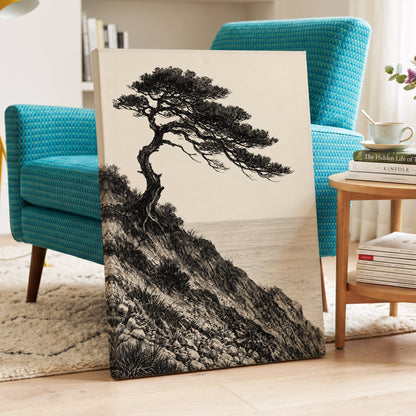 Pine Above the Tide, black, beige, gray nature wall art displayed in a styled interior, gallery view 7