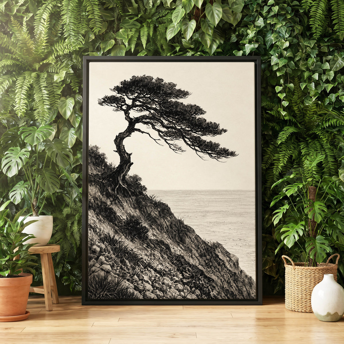 Pine Above the Tide, black, beige, gray nature wall art displayed in a styled interior, gallery view 8