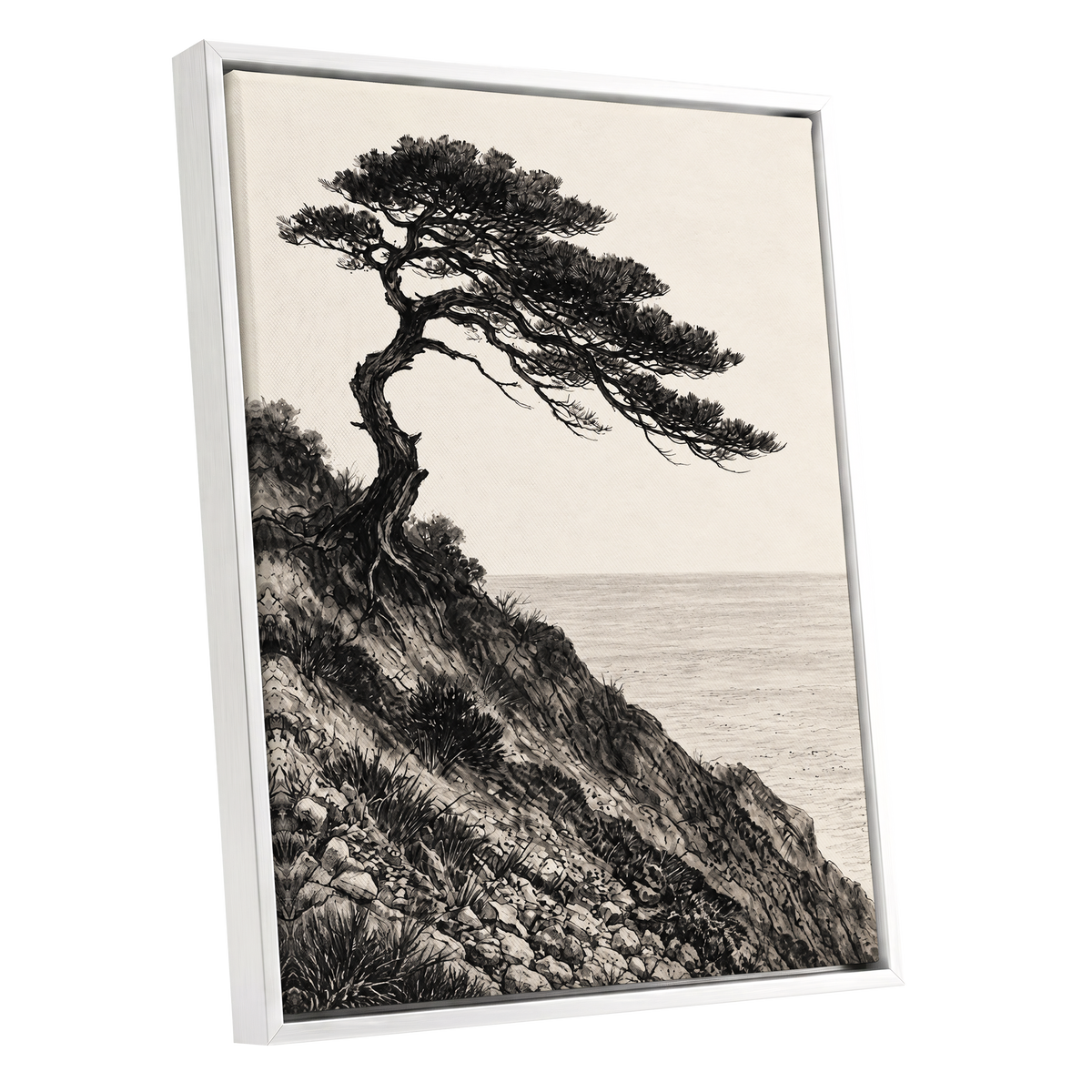 Pine Above the Tide, black, beige, gray nature wall art shown as a white framed canvas wall art