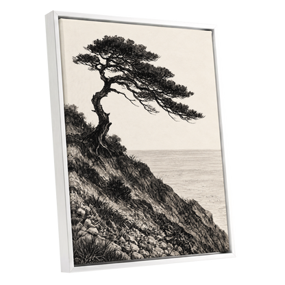 Pine Above the Tide, black, beige, gray nature wall art shown as a white framed canvas wall art