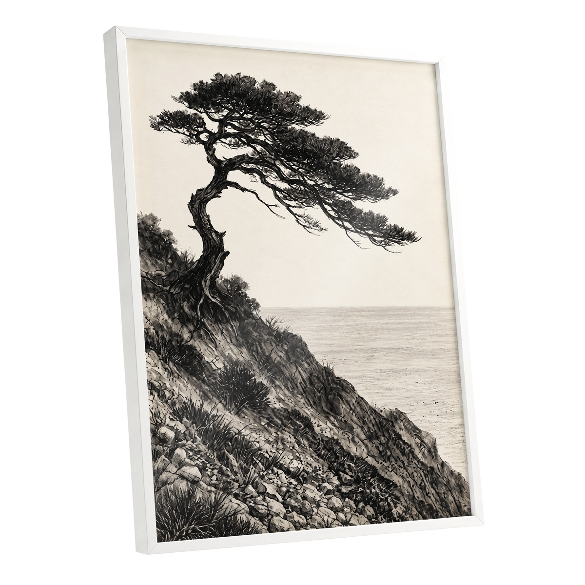 Pine Above the Tide, black, beige, gray nature wall art shown as a white framed poster wall art print
