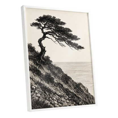 Pine Above the Tide, black, beige, gray nature wall art shown as a white framed poster wall art print