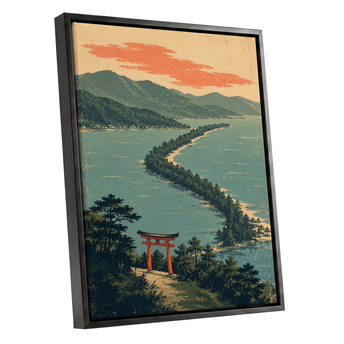 Pine Coast Reverie, green, blue, beige nature wall art shown as a black framed canvas wall art
