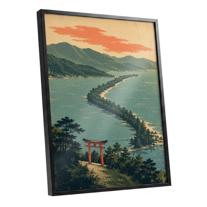 Pine Coast Reverie, green, blue, beige nature wall art shown as a black framed poster wall art print