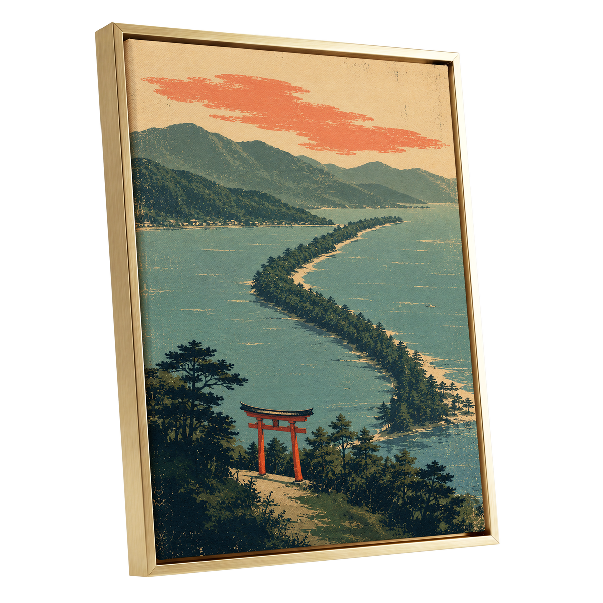 Pine Coast Reverie, green, blue, beige nature wall art shown as a gold framed canvas wall art