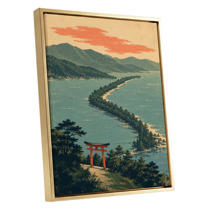Pine Coast Reverie, green, blue, beige nature wall art shown as a gold framed canvas wall art