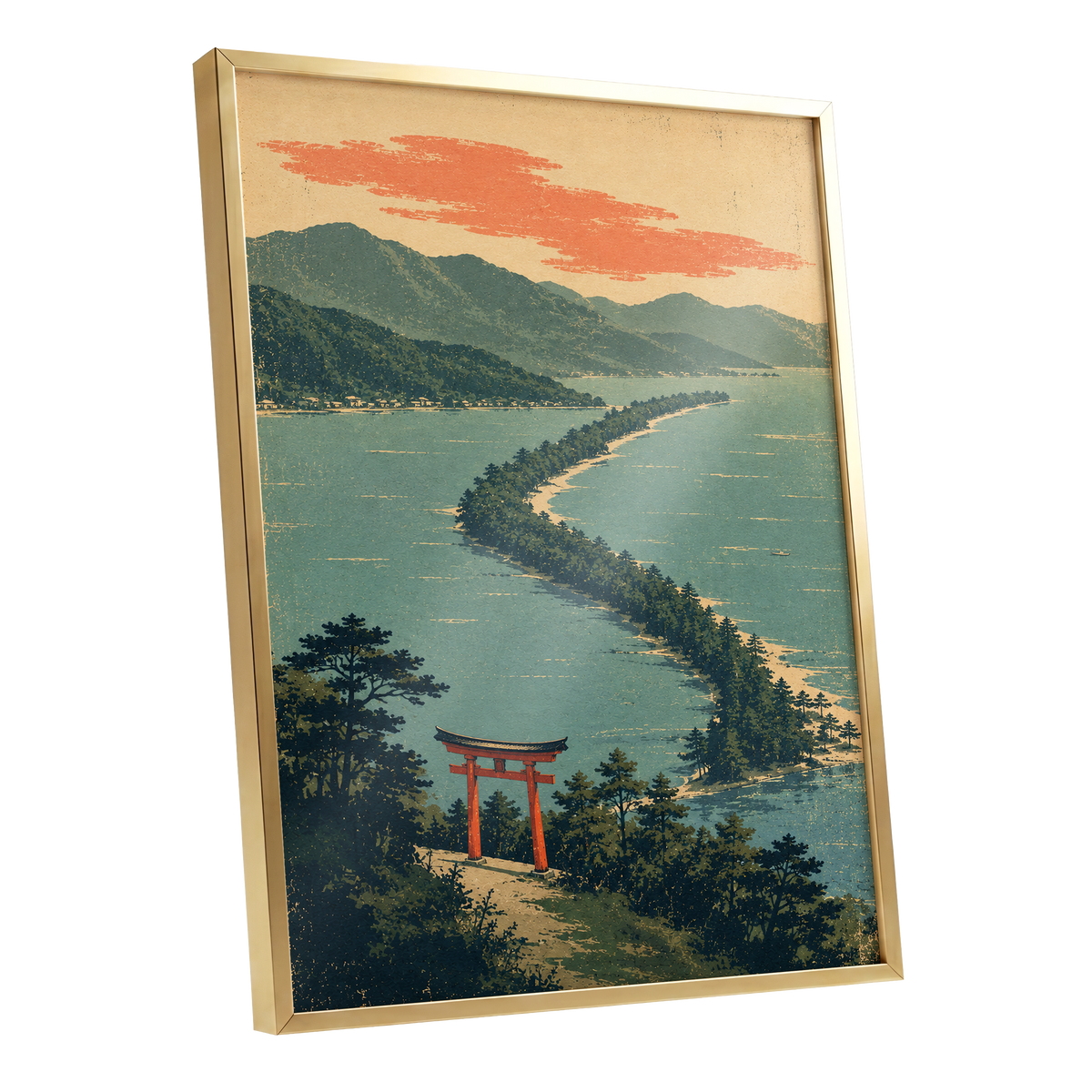 Pine Coast Reverie, green, blue, beige nature wall art shown as a gold framed poster wall art print