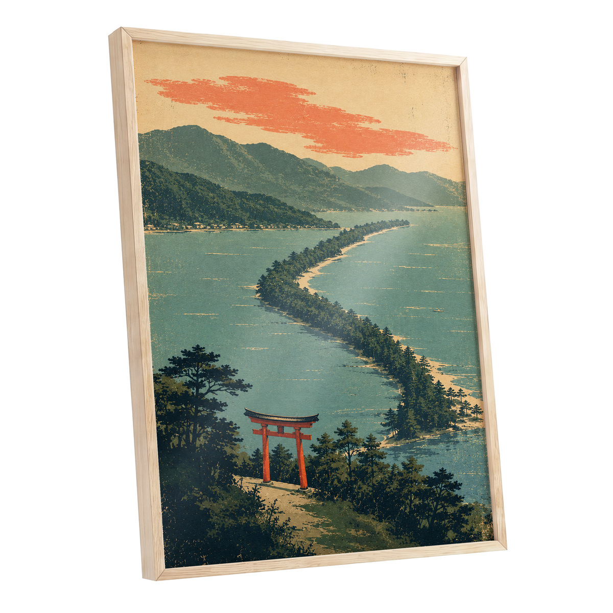 Pine Coast Reverie, green, blue, beige nature wall art shown as a oak framed poster wall art print