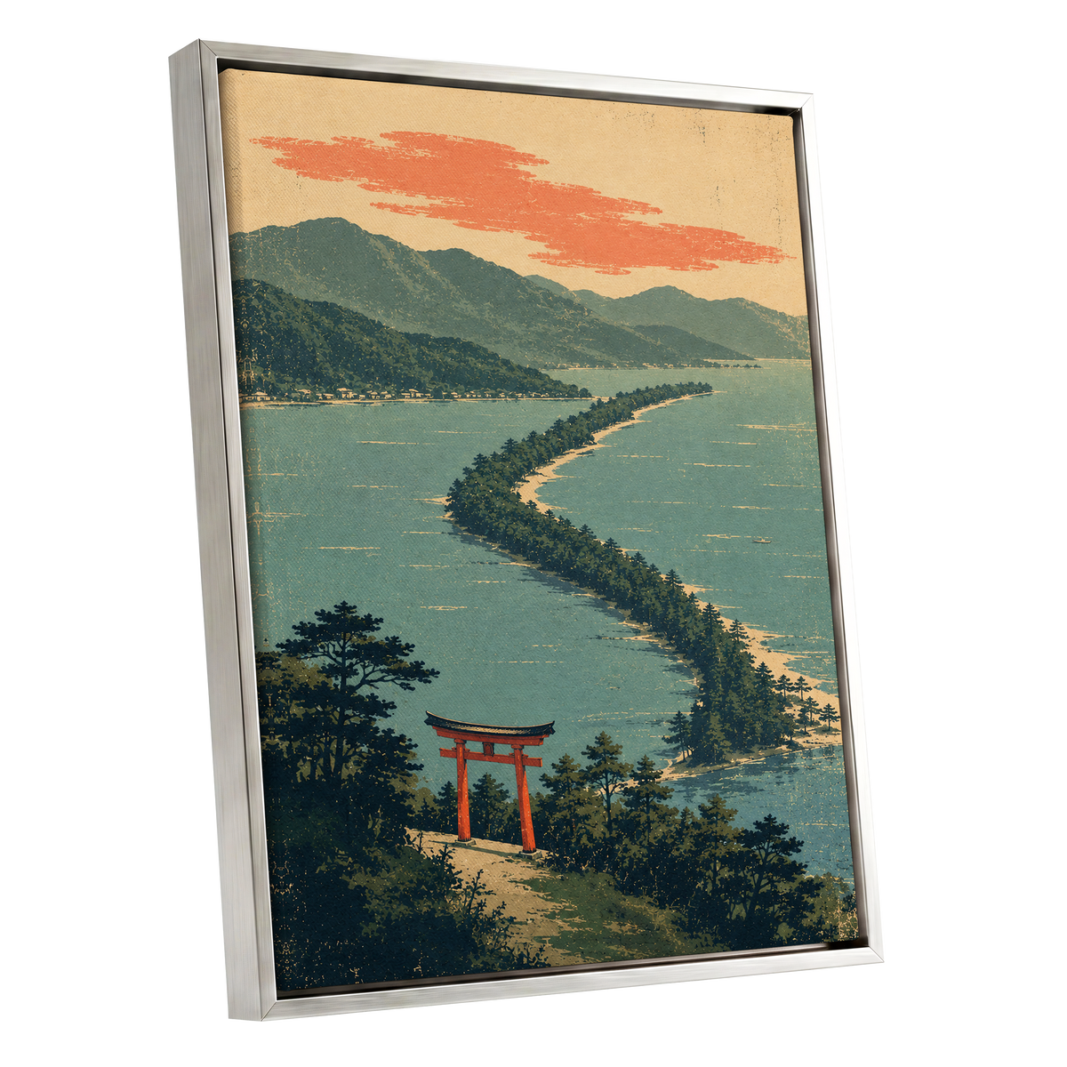 Pine Coast Reverie, green, blue, beige nature wall art shown as a silver framed canvas wall art