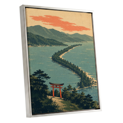 Pine Coast Reverie, green, blue, beige nature wall art shown as a silver framed canvas wall art