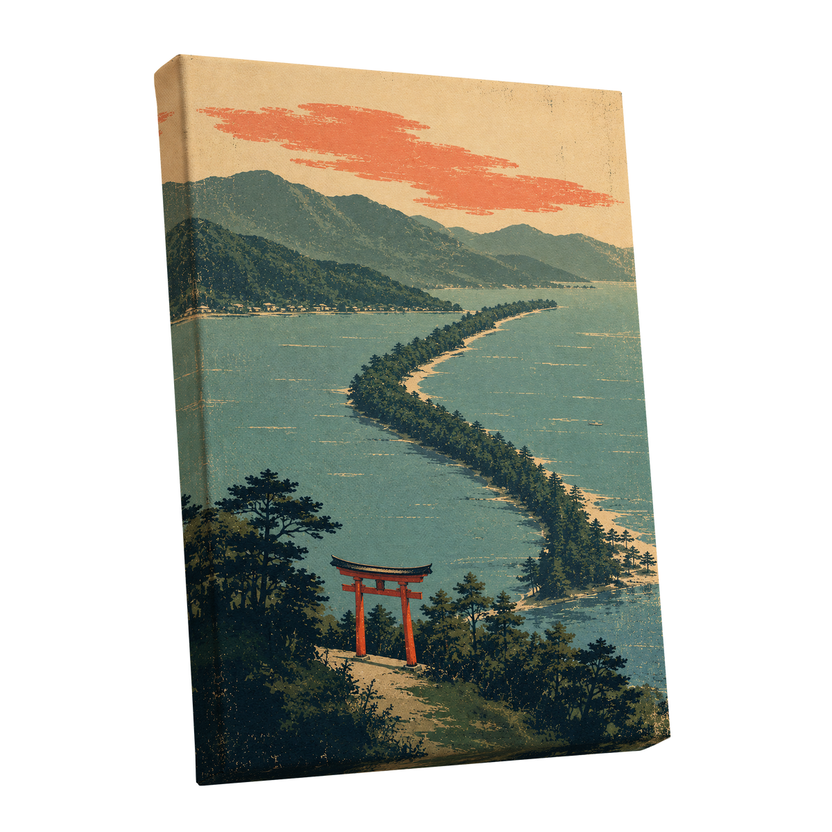 Pine Coast Reverie, green, blue, beige nature wall art shown as a stretched canvas wall art