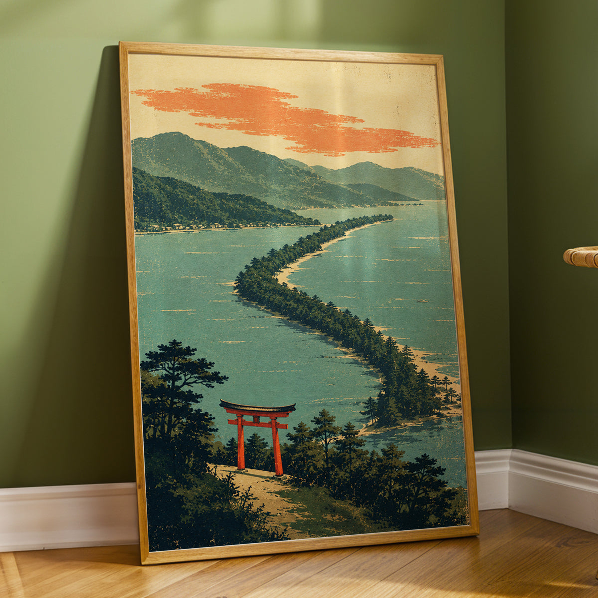 Pine Coast Reverie, green, blue, beige nature wall art displayed in a styled interior, gallery view 2