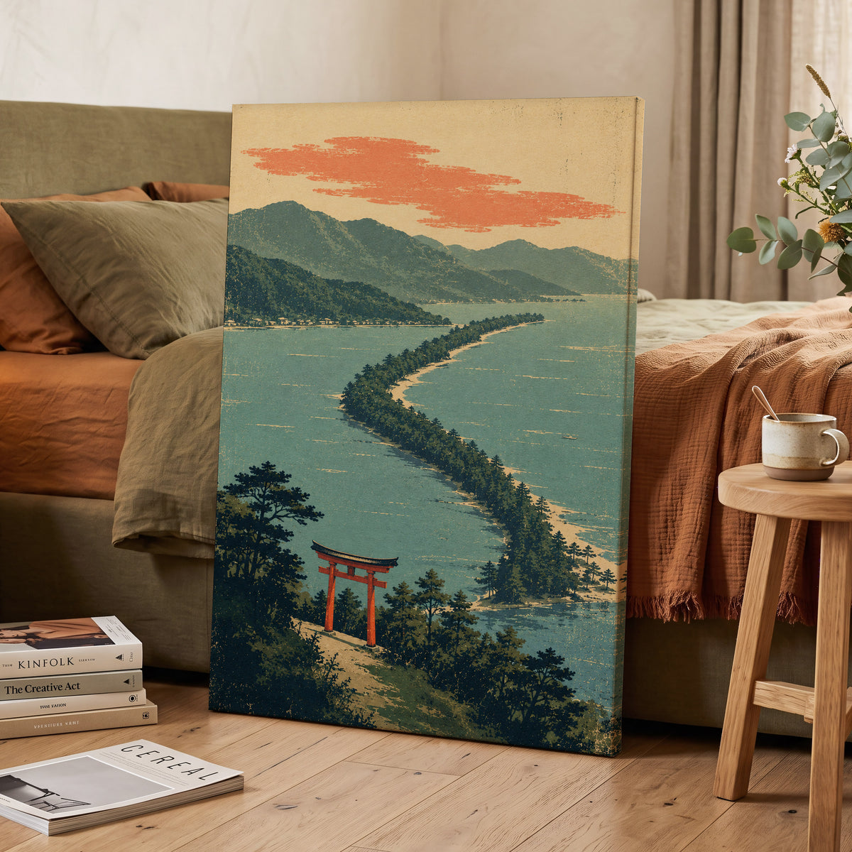 Pine Coast Reverie, green, blue, beige nature wall art displayed in a styled interior, gallery view 3