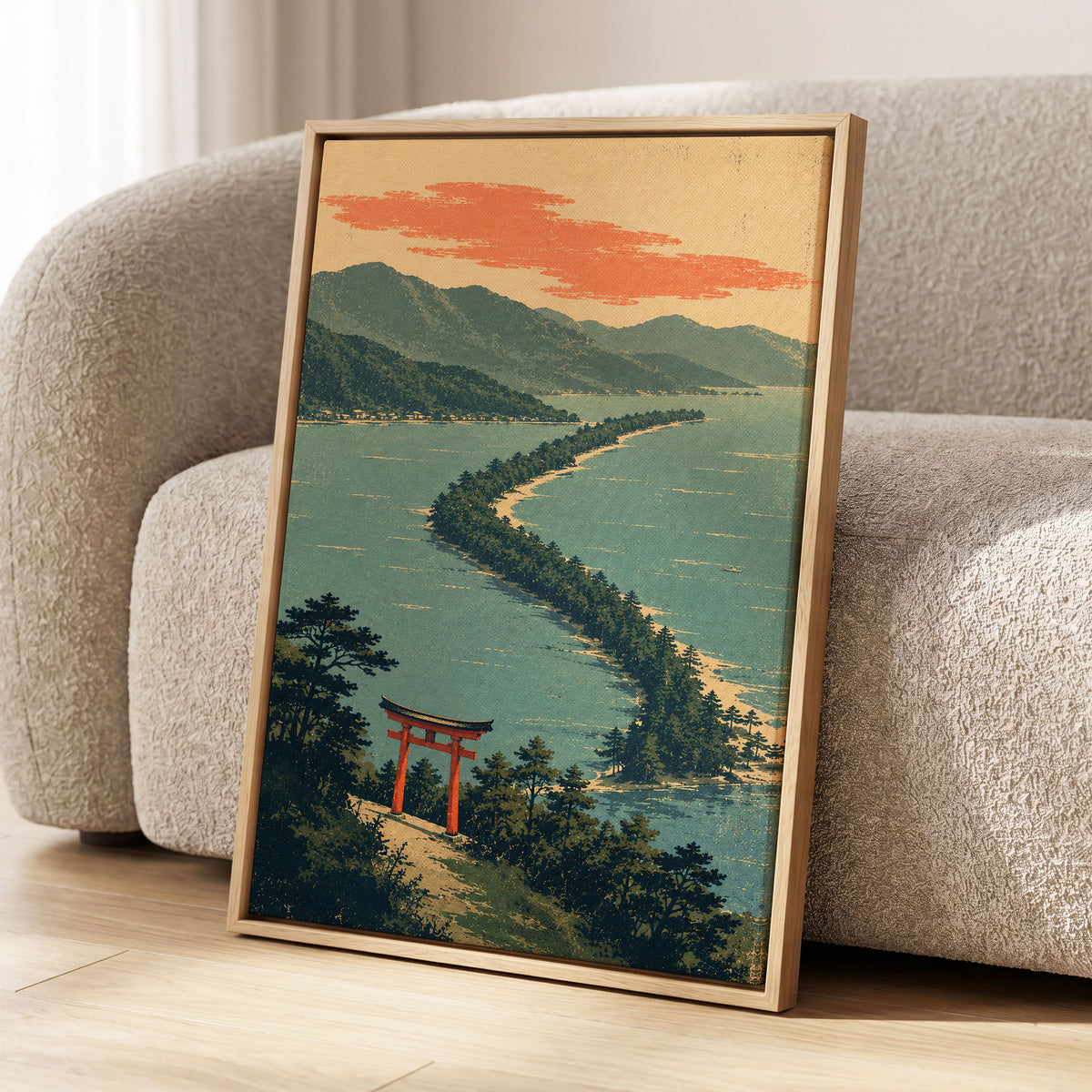 Pine Coast Reverie, green, blue, beige nature wall art displayed in a styled interior, gallery view 4