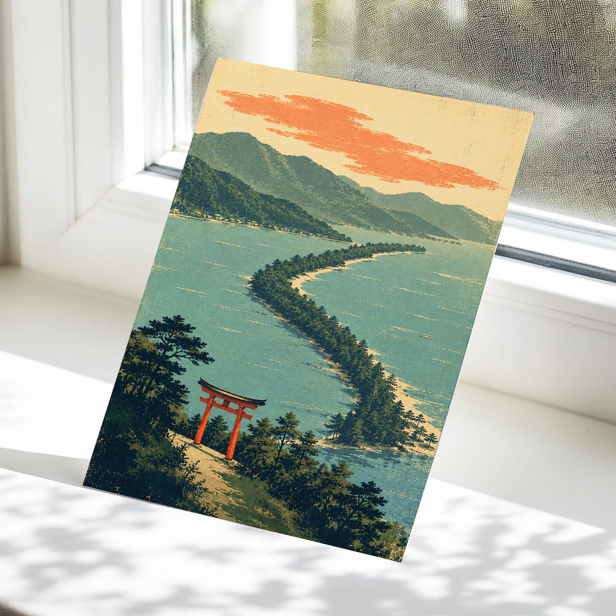 Pine Coast Reverie, green, blue, beige nature wall art displayed in a styled interior, gallery view 5