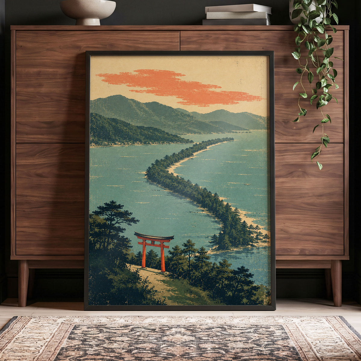 Pine Coast Reverie, green, blue, beige nature wall art displayed in a styled interior, gallery view 6