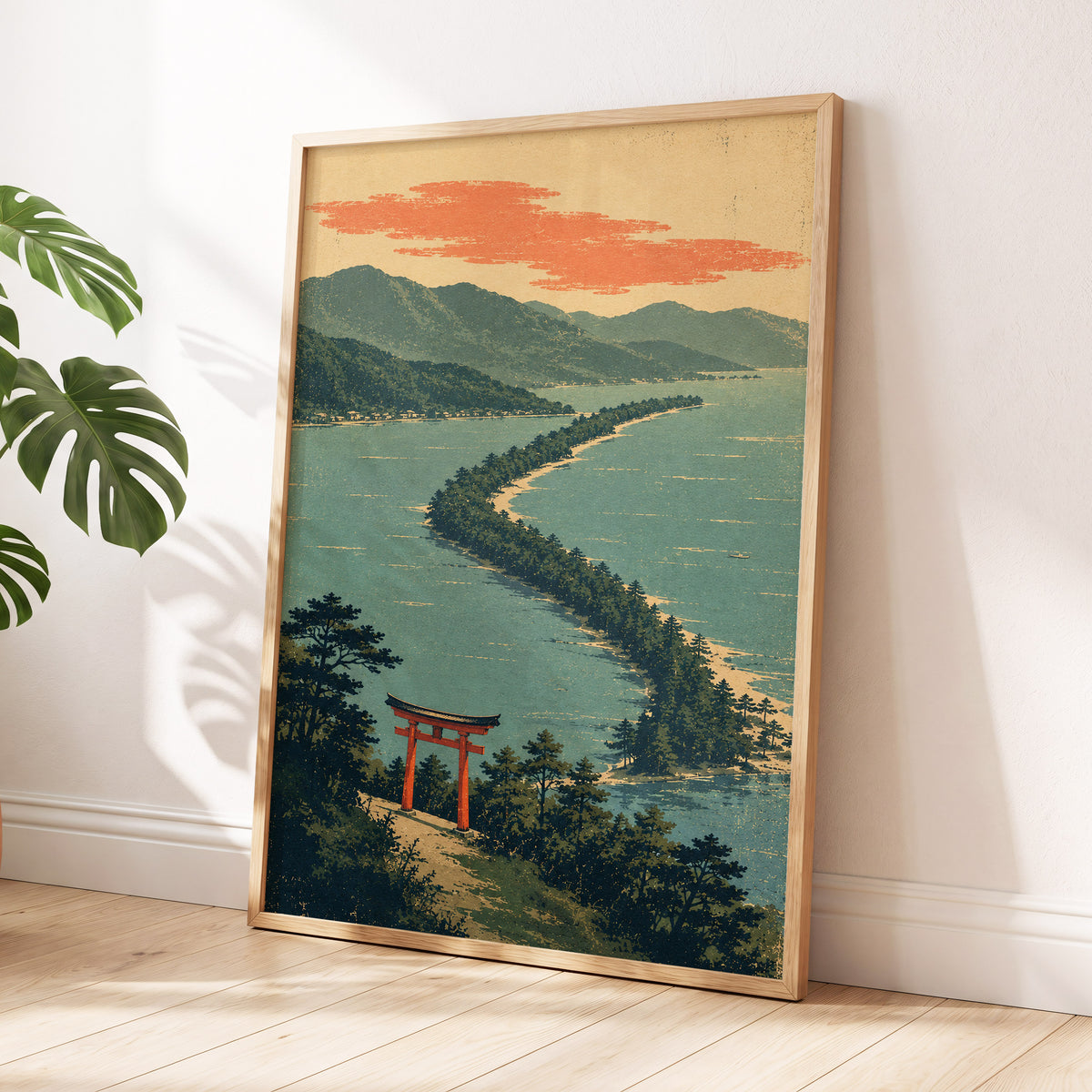 Pine Coast Reverie, green, blue, beige nature wall art displayed in a styled interior, gallery view 9