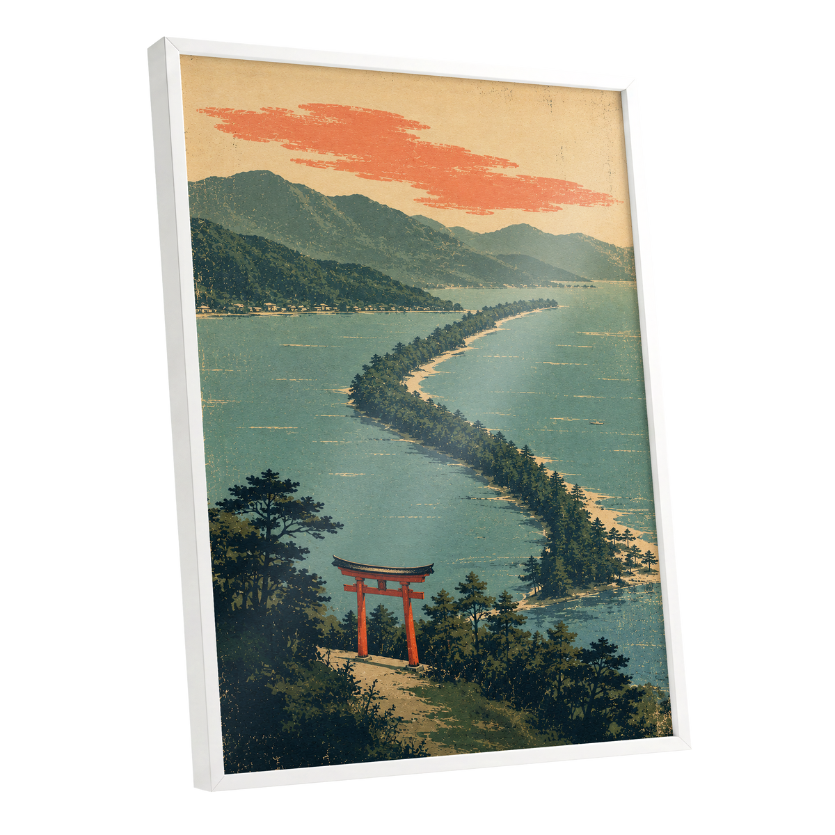 Pine Coast Reverie, green, blue, beige nature wall art shown as a white framed poster wall art print