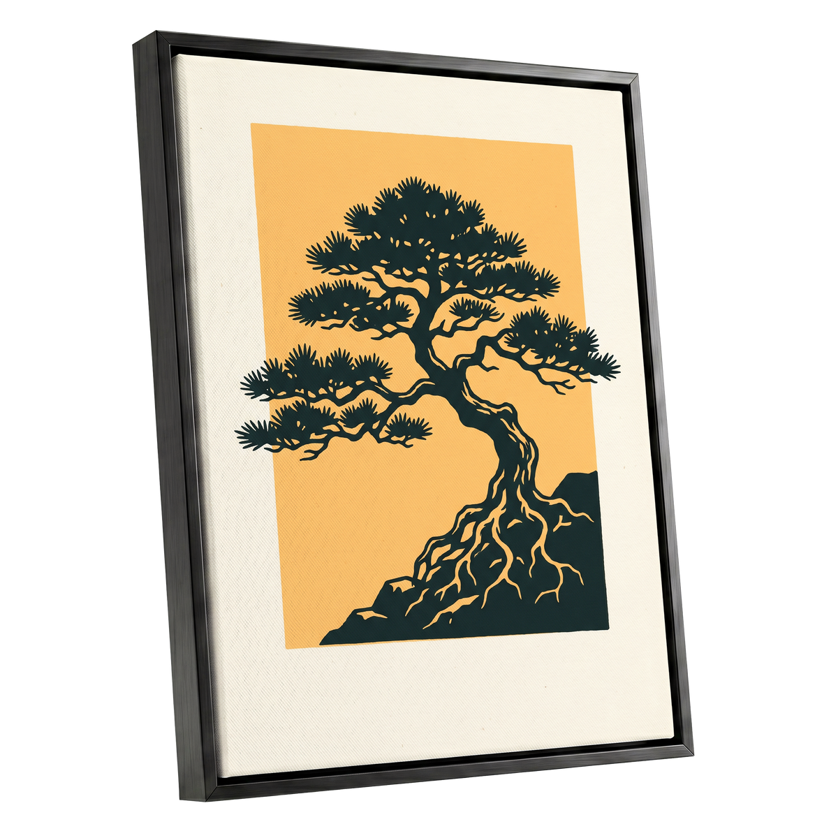 Pine on Amber, green, orange, beige nature wall art shown as a black framed canvas wall art