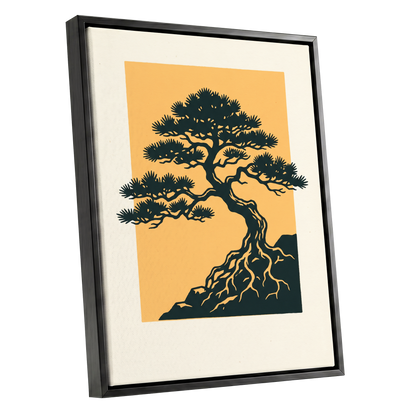 Pine on Amber, green, orange, beige nature wall art shown as a black framed canvas wall art