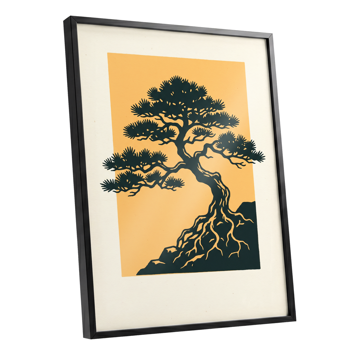 Pine on Amber, green, orange, beige nature wall art shown as a black framed poster wall art print