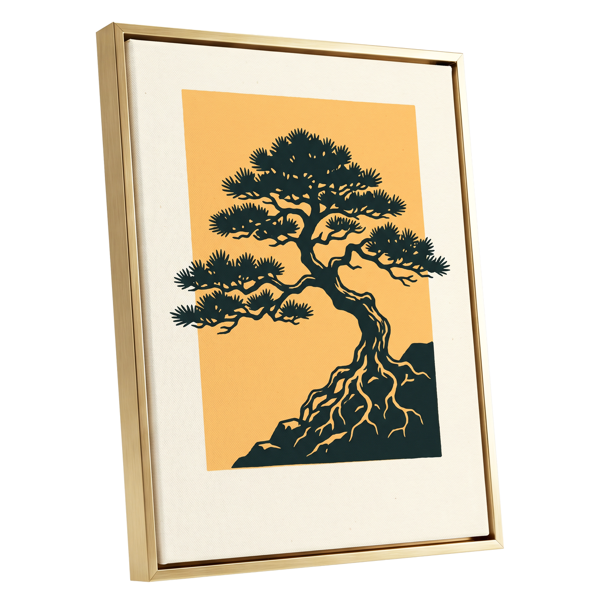 Pine on Amber, green, orange, beige nature wall art shown as a gold framed canvas wall art