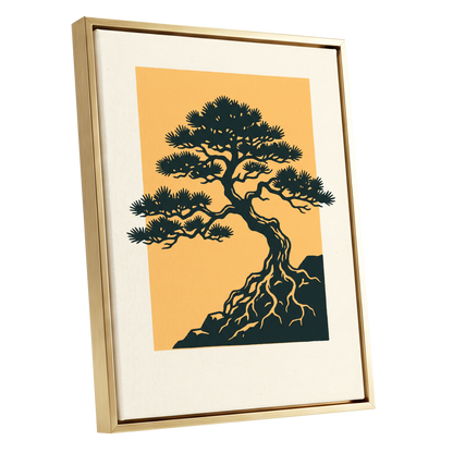 Pine on Amber, green, orange, beige nature wall art shown as a gold framed canvas wall art