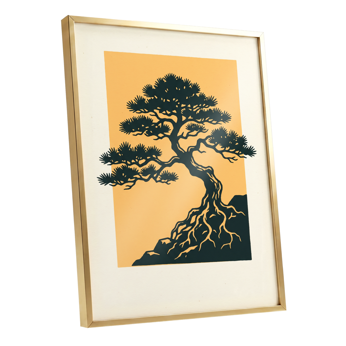 Pine on Amber, green, orange, beige nature wall art shown as a gold framed poster wall art print