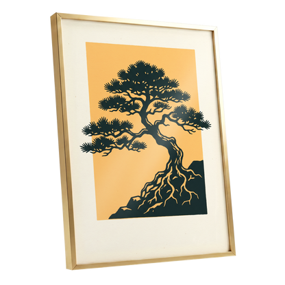 Pine on Amber, green, orange, beige nature wall art shown as a gold framed poster wall art print